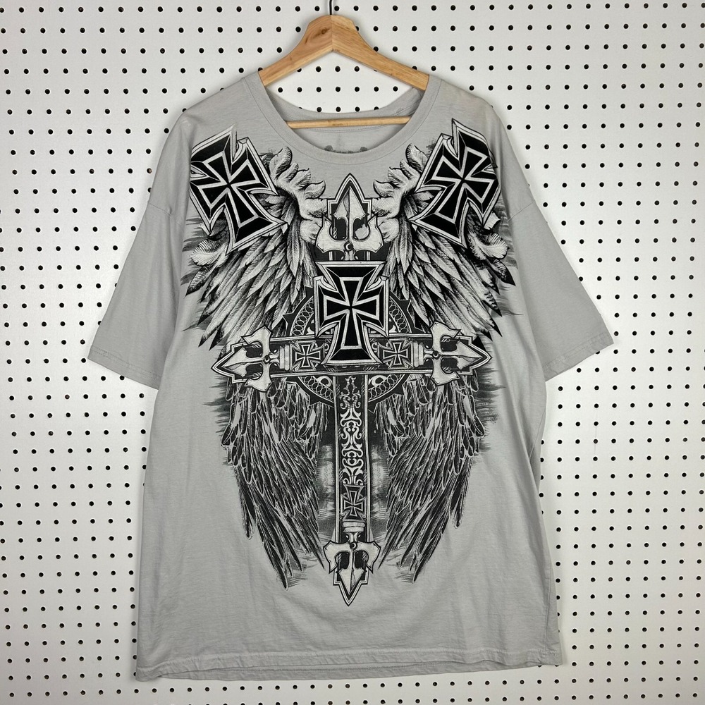 Carbon Black Y2K T Shirt XXL Gray Felt 3D Graphic Skater All Over Wings Cross